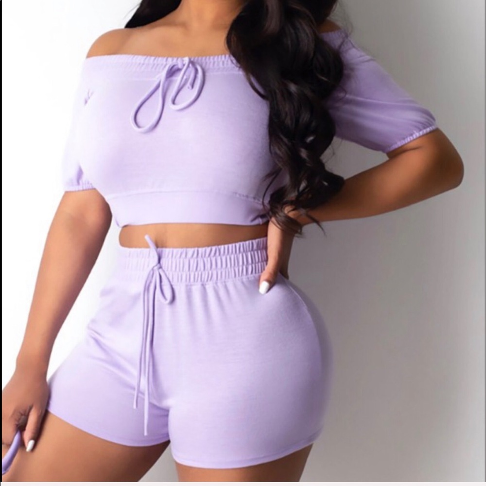 Solid off shoulder drawstring top and shorts set❣️